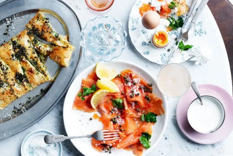 Dippy eggs with garlic Turkish bread and salmon