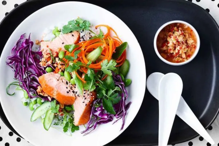 Hot-Smoked Salmon Bowl with Edamame Sushi Rice and Slaw